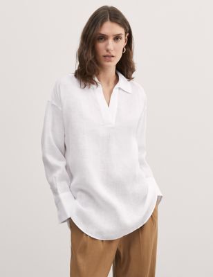 Jaeger Women's Pure Linen Collared Relaxed Shirt - 8 - White, White,Navy