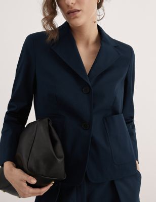 Jaeger Womens Relaxed Cotton Stretch Cropped Blazer - 10 - Navy, Navy,Ivory