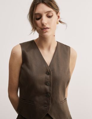 Jaeger Women's Pure Linen Single Breasted Waistcoat - 20 - Chocolate, Chocolate