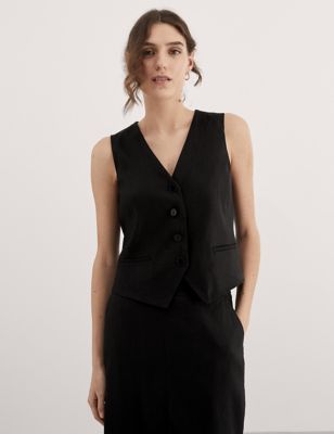 Jaeger Womens Linen Blend Waistcoat - 10 - Black, Black,Camel