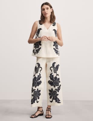 Linen Rich Applique Wide Leg Trousers