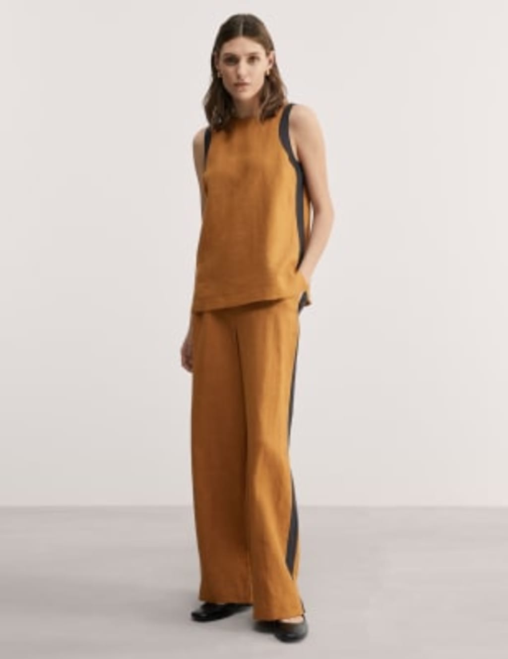 Pure Linen Side Stripe Wide Leg Trousers