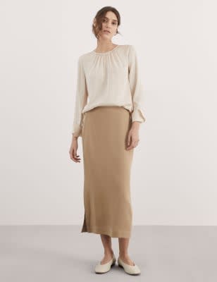 Jaeger Women's Pure Lyocell Midi Column Skirt - 8 - Camel, Camel,Black