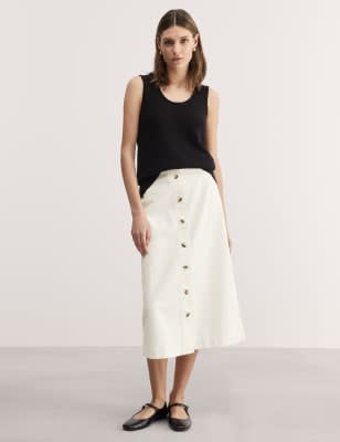 

JAEGER Womens Denim Button Front Midi A-Line Skirt - Ivory, Ivory