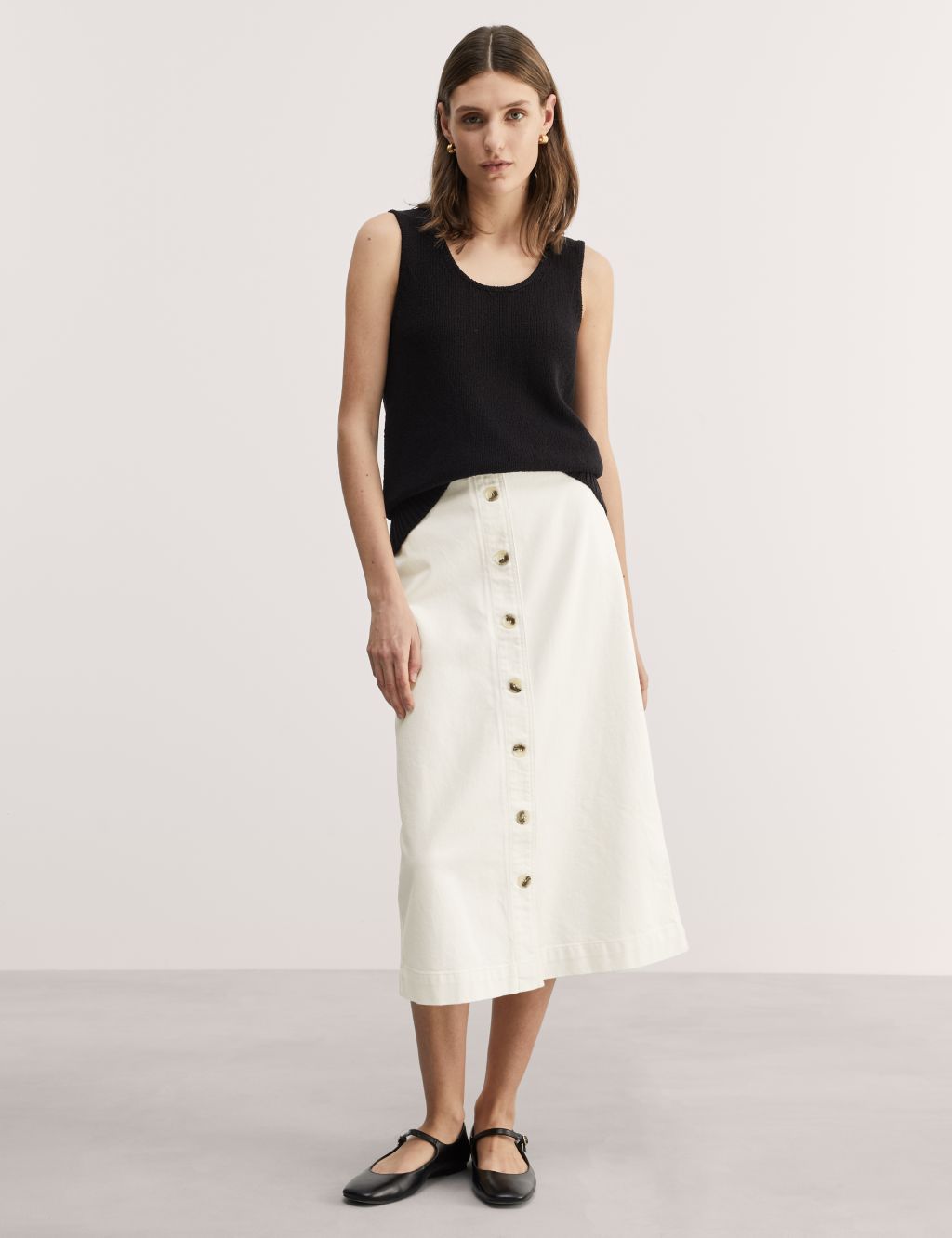 Denim Button Front Midi A-Line Skirt