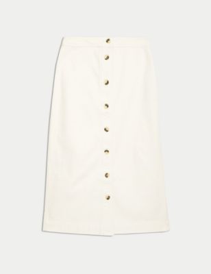 Denim Button Front Midi A-Line Skirt