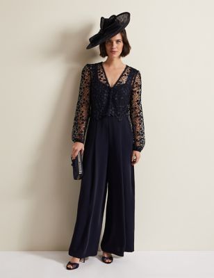 Phase Eight Womens Lace Long Sleeve Wide Leg Jumpsuit - 8 - Navy, Navy