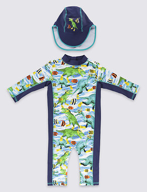 Safe in the Sun Fish & Dinosaur Print Swimsuit with Hat (1-7 Years) Image 2 of 3