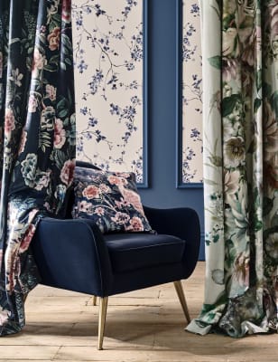 Birds & Blossoms Chinoiserie Blue Floral Velvet Curtain