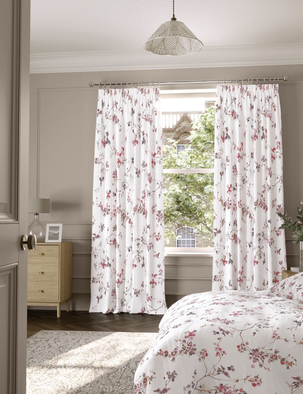 Sateen Cherry Blossom Pencil Pleat Blackout Curtains | M&S Collection | M&S
