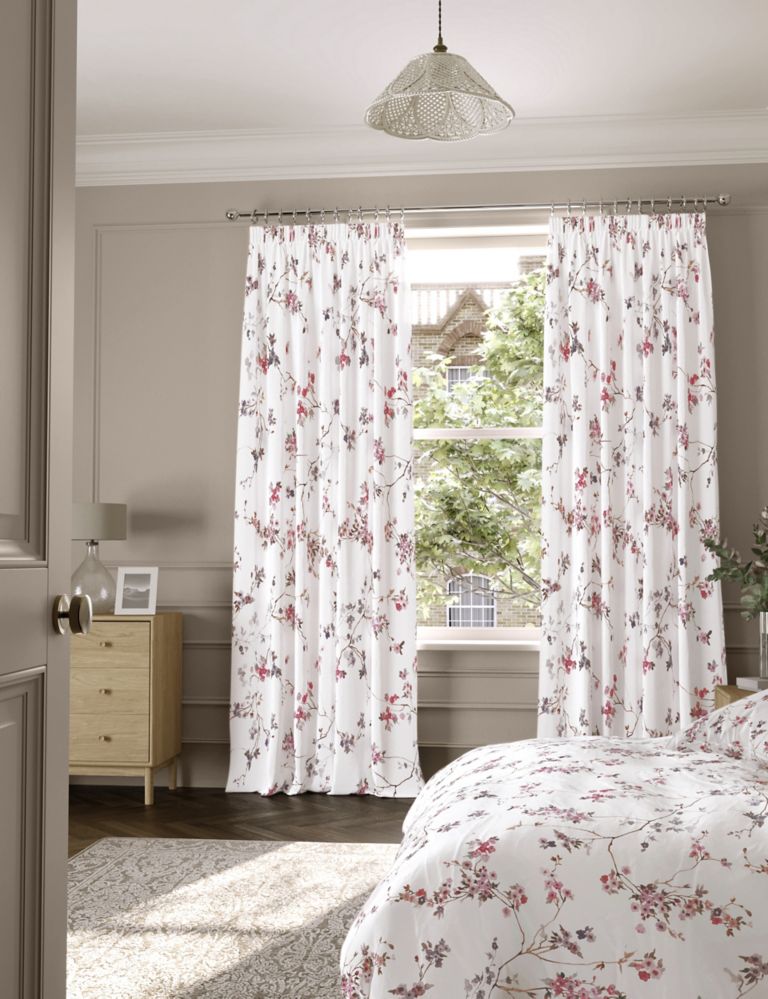 Sateen Cherry Blossom Pencil Pleat Blackout Curtains 3 of 5