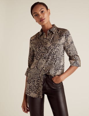 Long Sleeve Satin Tiger Print Shirt