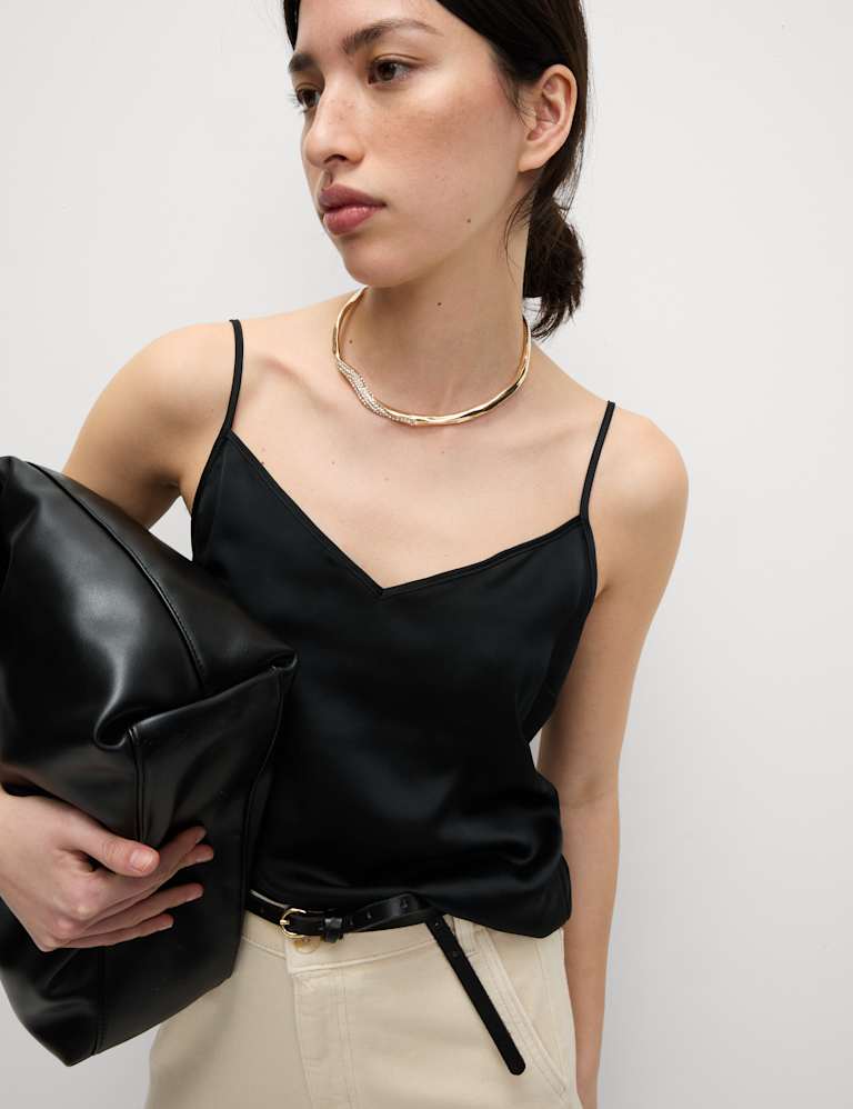 V-Neck Satin Cami Tank Top in Black