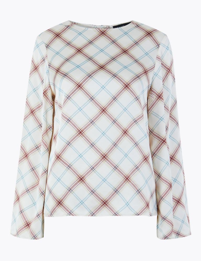 Satin Checked Long Sleeve Shell Top 2 of 4