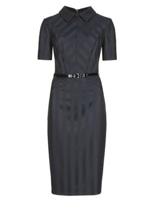Satin Chevron Collared Shift Dress with Belt Image 2 of 4