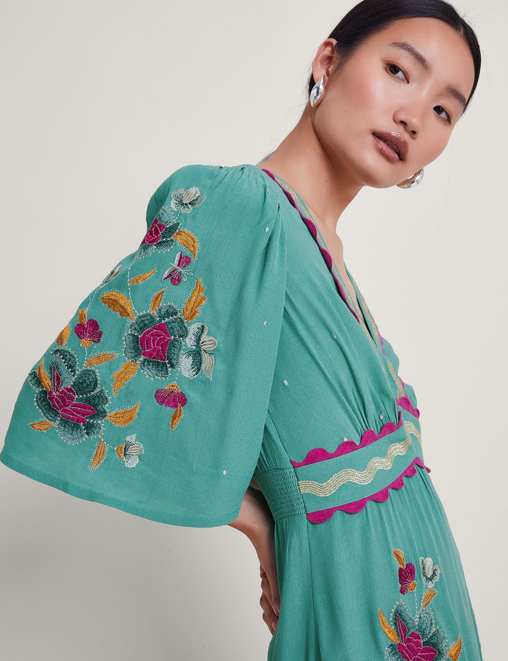 Satin Embroidered V-Neck Midi Tea Dress 2 of 4