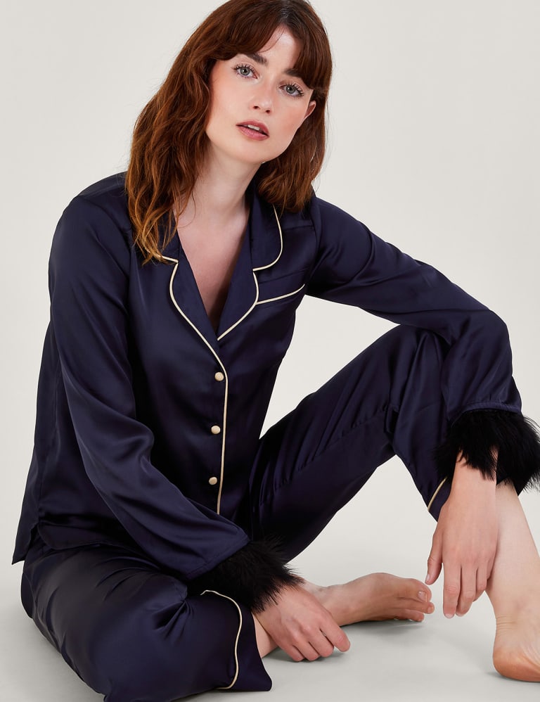 Satin Feather Cuff Pyjama Set