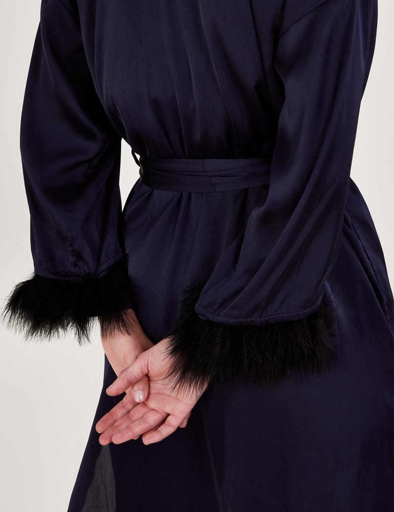 Silk robe with cheap fur trim