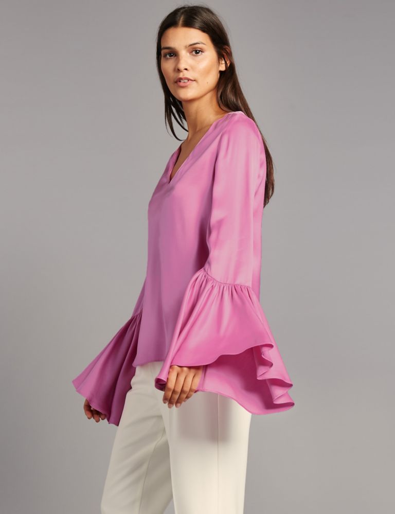 Satin Flared Cuff V-Neck Shell Top 1 of 4