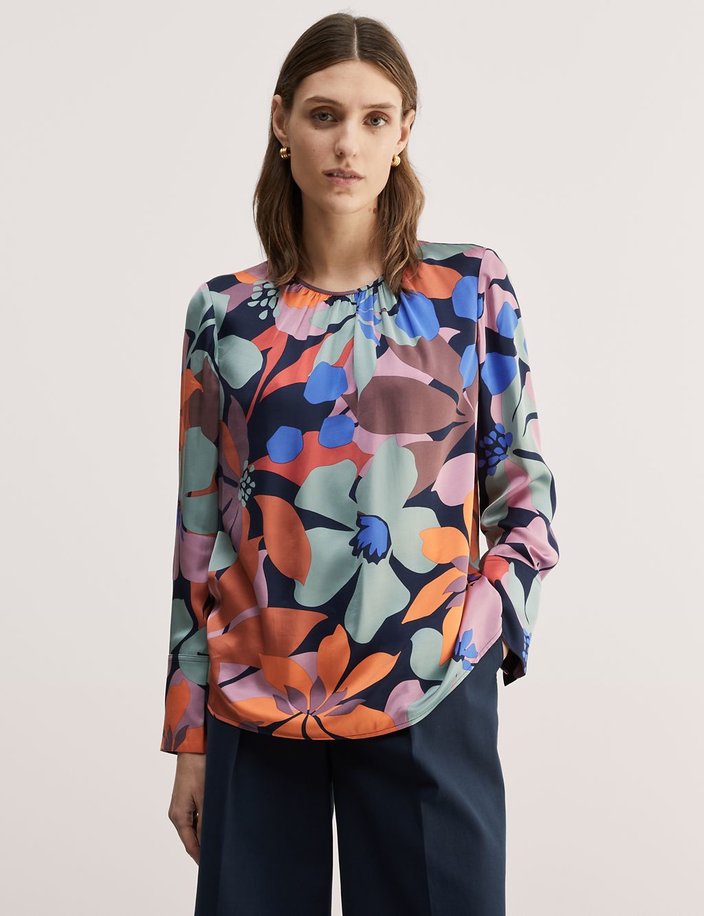 Satin Floral Gathered Neck Blouse 6 of 7