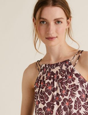 Satin Floral Gathered Neck Shell Top, M&S Collection