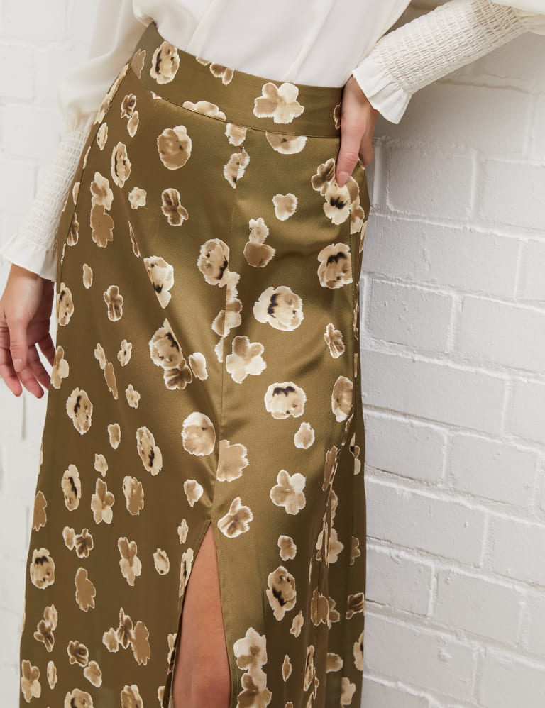 Satin Floral Midi Split Front A-Line Skirt 3 of 4