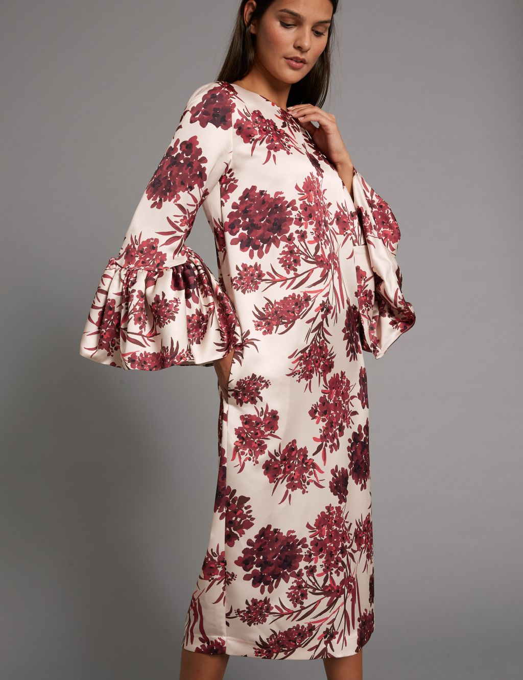 Satin Floral Print Shift Midi Dress 3 of 5