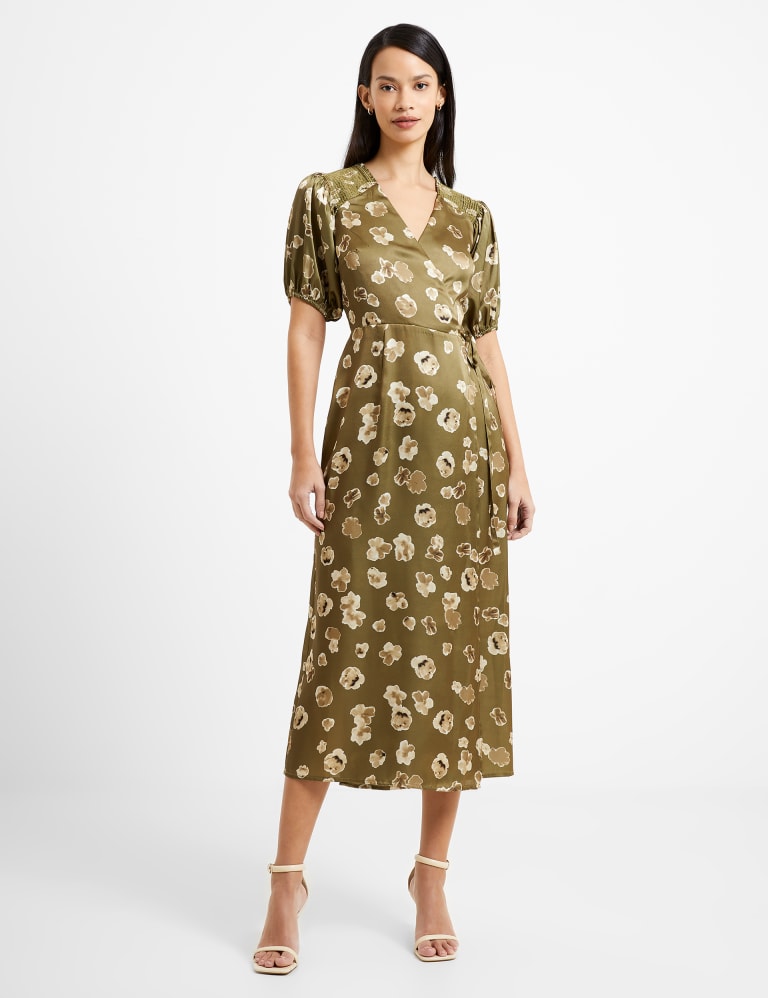 Satin Floral V-Neck Midi Wrap Dress 1 of 4