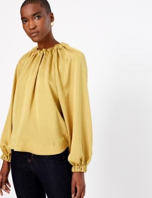 Gathered Neck Silk Blouse - Pop Peony