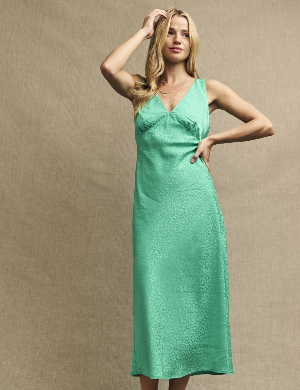 Satin Jacquard V-Neck Midi Slip Dress 1 of 4