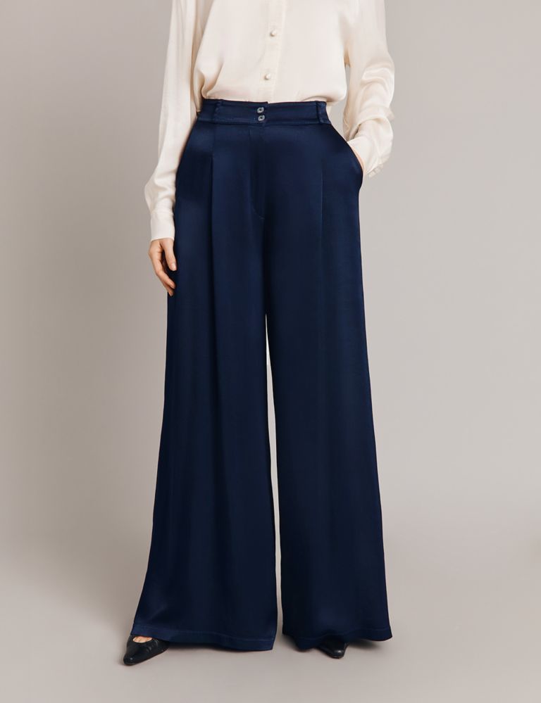 Satin Pleat Front Wide Leg Trousers 1 of 4
