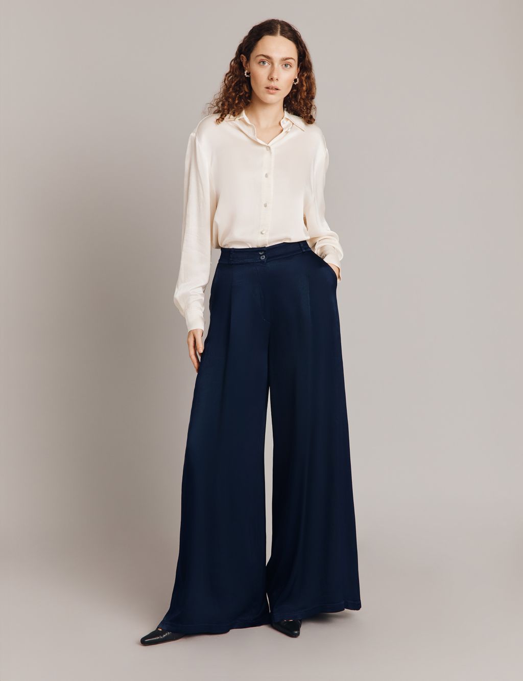 Satin Pleat Front Wide Leg Trousers 1 of 4