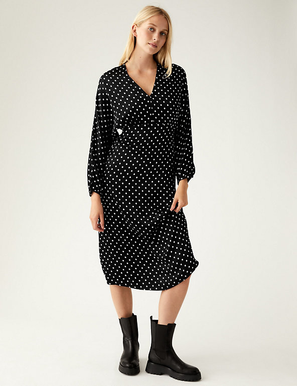 Marks & Spencer Women Clothing Dresses Midi Dresses Polka Dot V-Neck Midi Tea Dress 