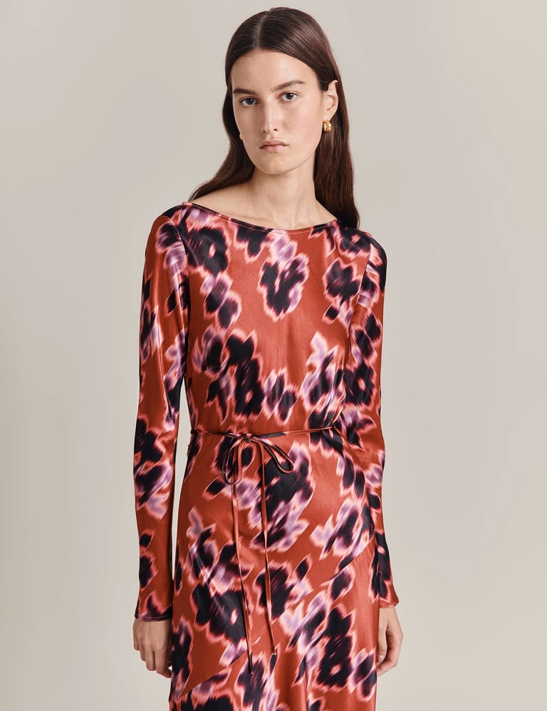 Satin Printed Round Neck Midi Column Dress 3 of 5