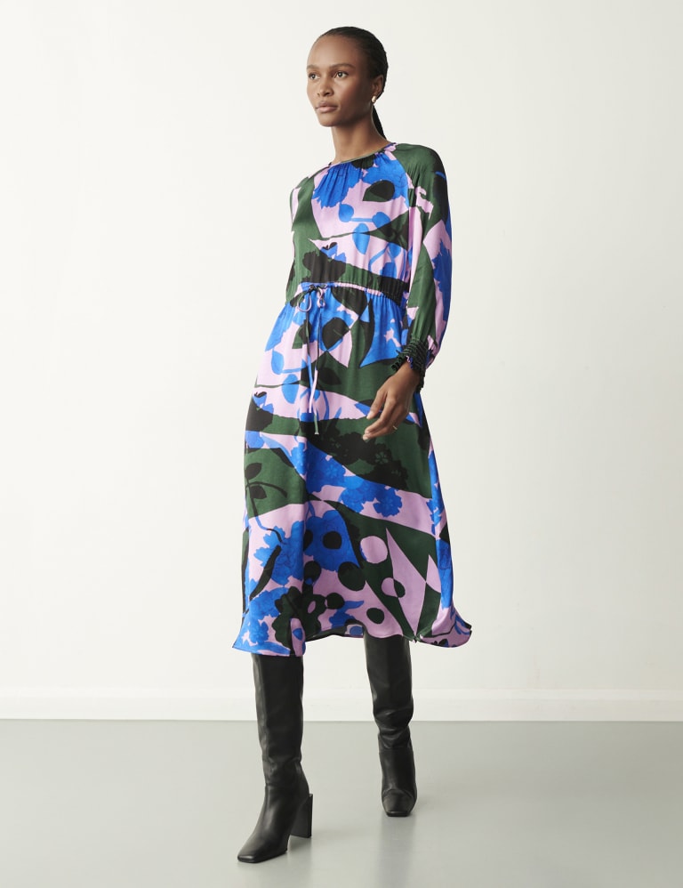 Satin Printed Tie Detail Midi Waisted Dress