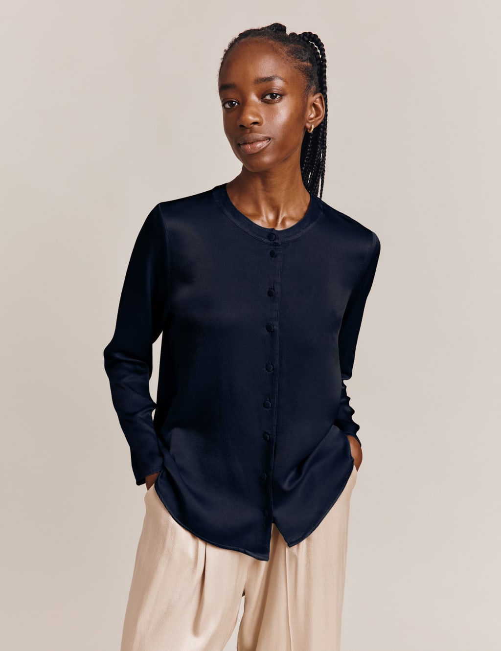 Satin Round Neck Collarless Blouse 3 of 4