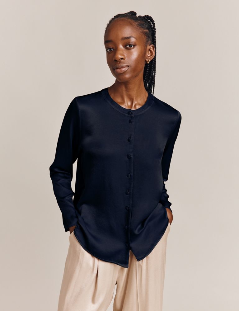 Women Embroidery Flowers Satin Shirt Long Sleeve Tops Elegant Blouse Fashion