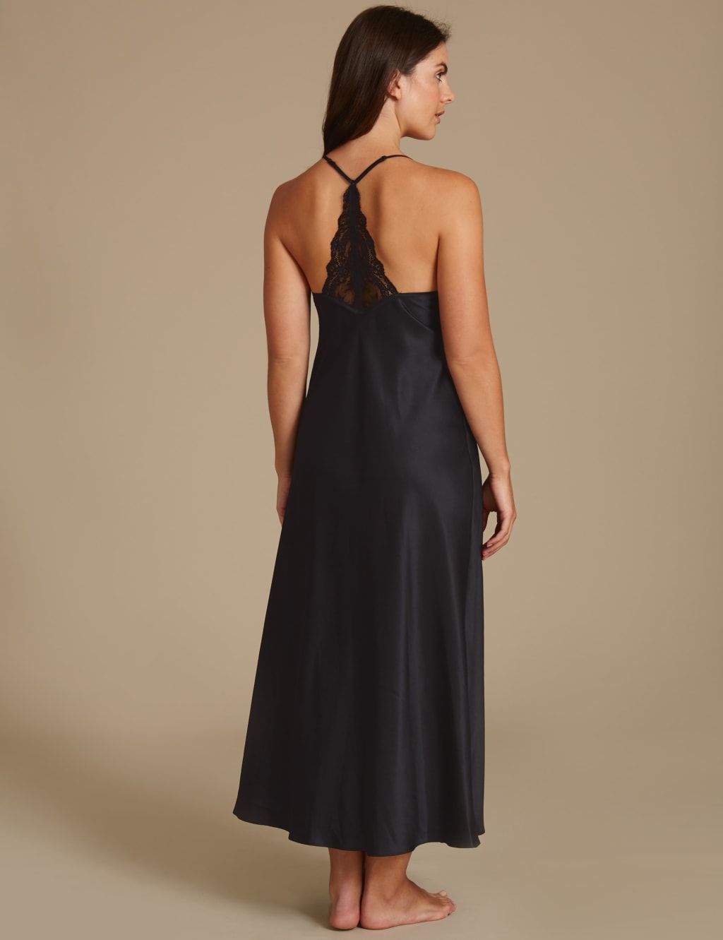 Lace and Slit Detail Strappy Satin Woven Nightdress