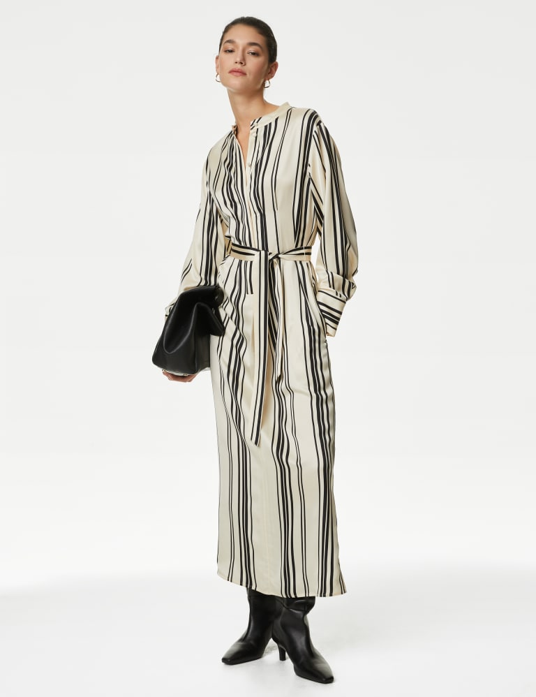 Satin Striped Collarless Midaxi Shirt Dress