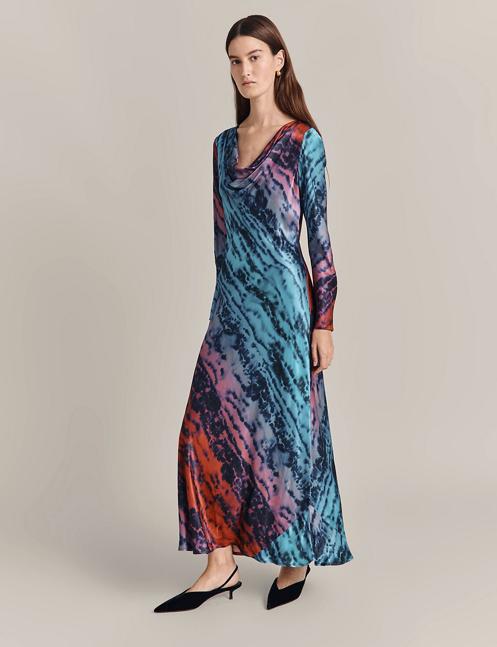 Satin Tie Dye Cowl Neck Midi Column Dress 1 of 4