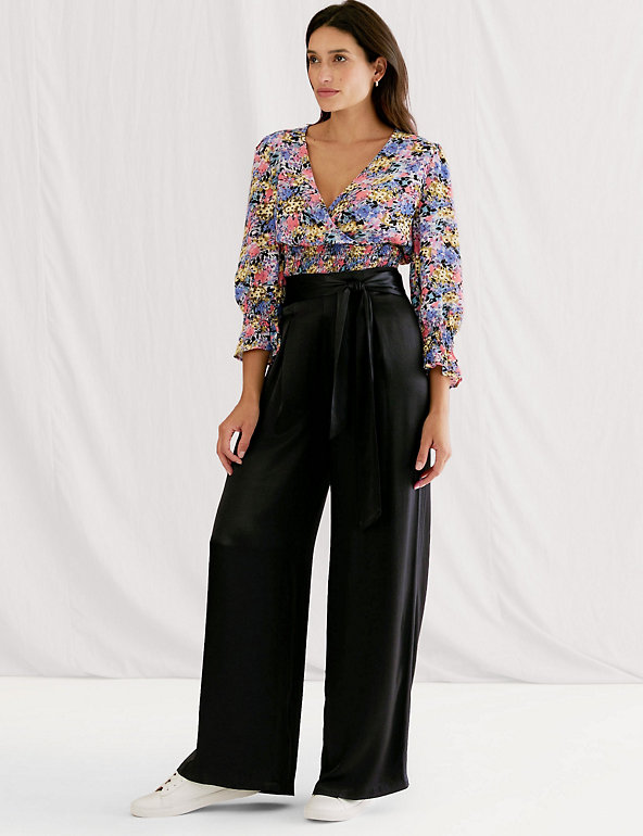 Satin Tie Front Wide Leg Trousers Image 1 of 6