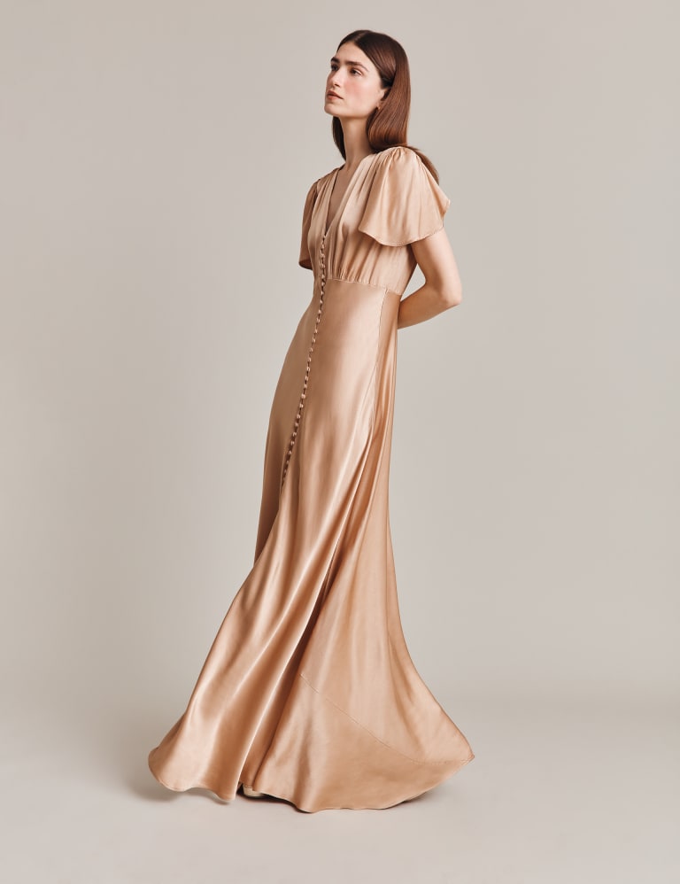 Satin V Neck Angel Sleeve Maxi Waisted Dress Ghost M S