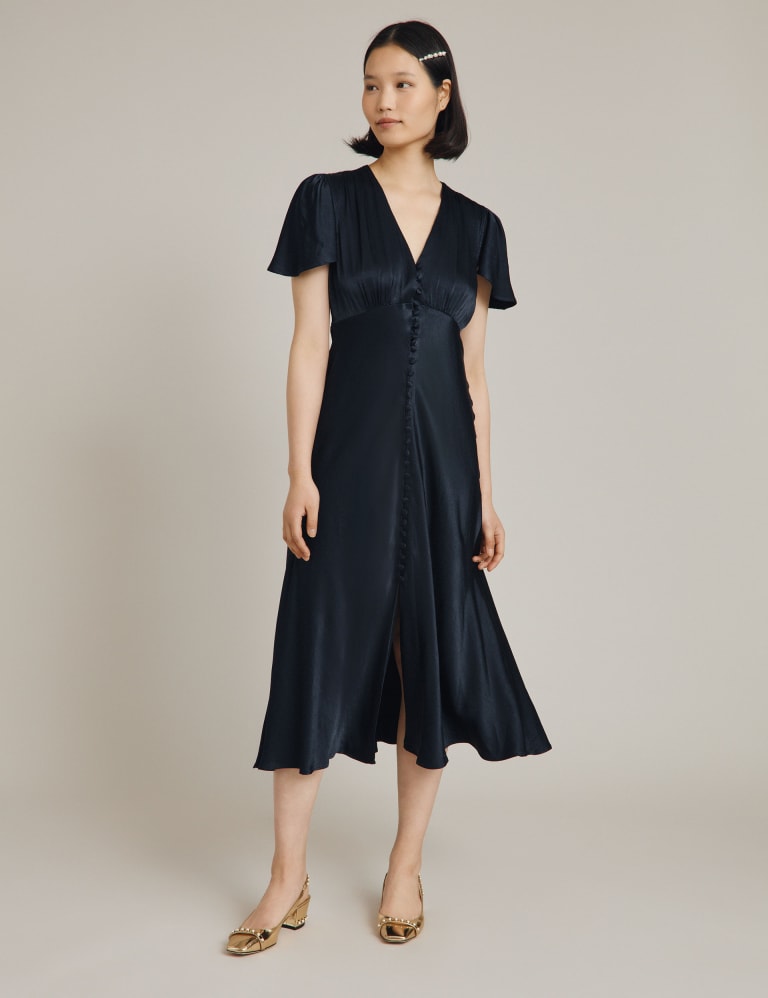 Rust spot print satin frill midi tea dress online
