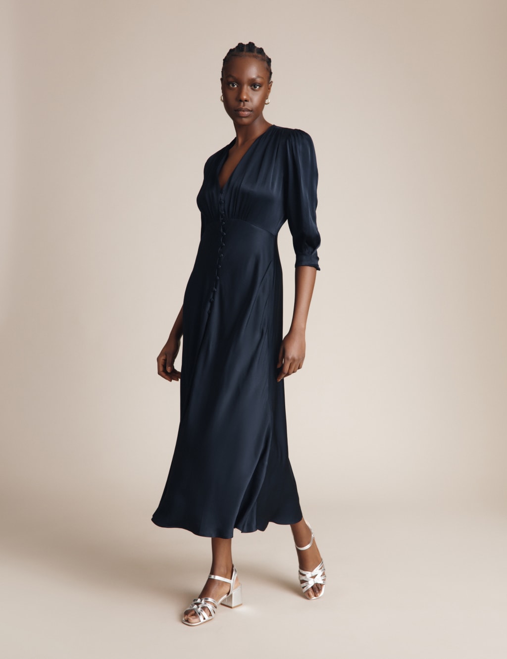 Satin V Neck Button Front Midi Tea Dress Ghost M S
