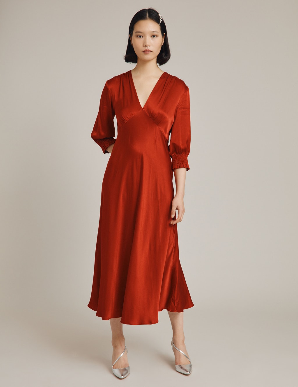 Satin V-Neck Empire Line Midi Tea Dress | Ghost | Mu0026S