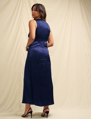 Satin V-Neck Lace Insert Midi Slip Dress Image 2 of 4