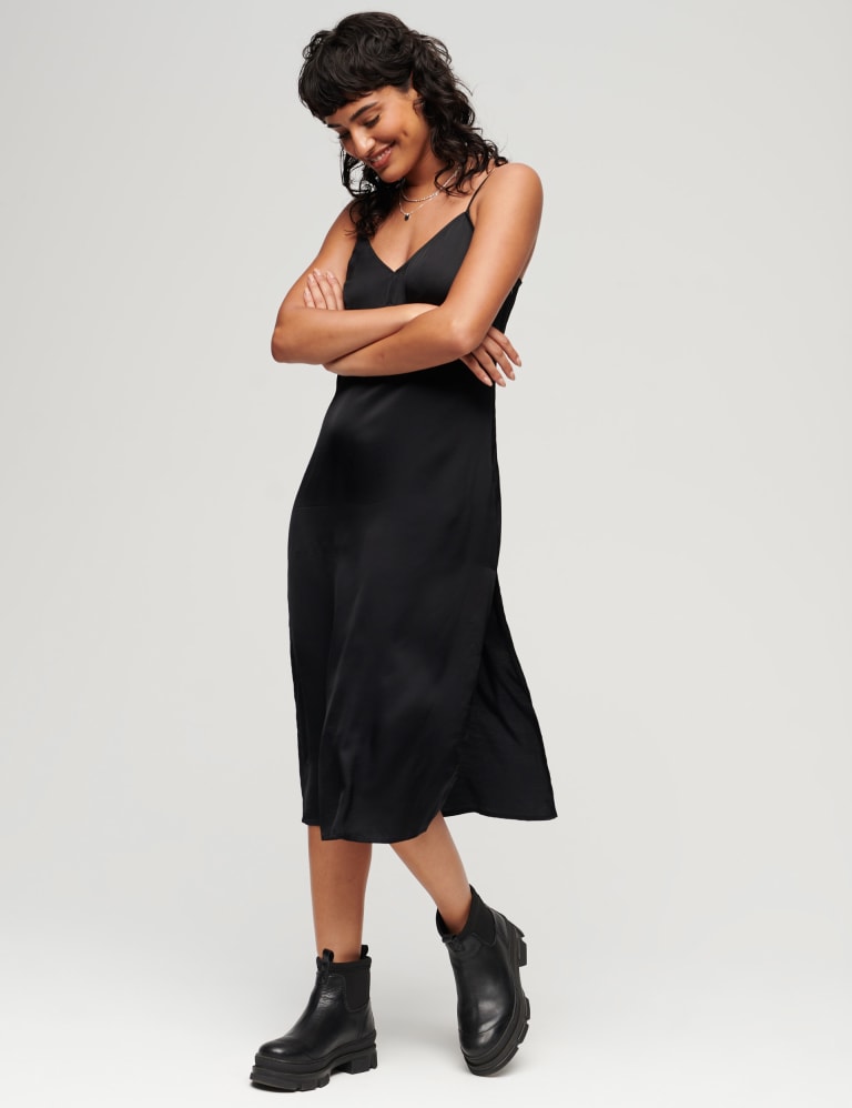 Satin V Neck Midi Slip Dress
