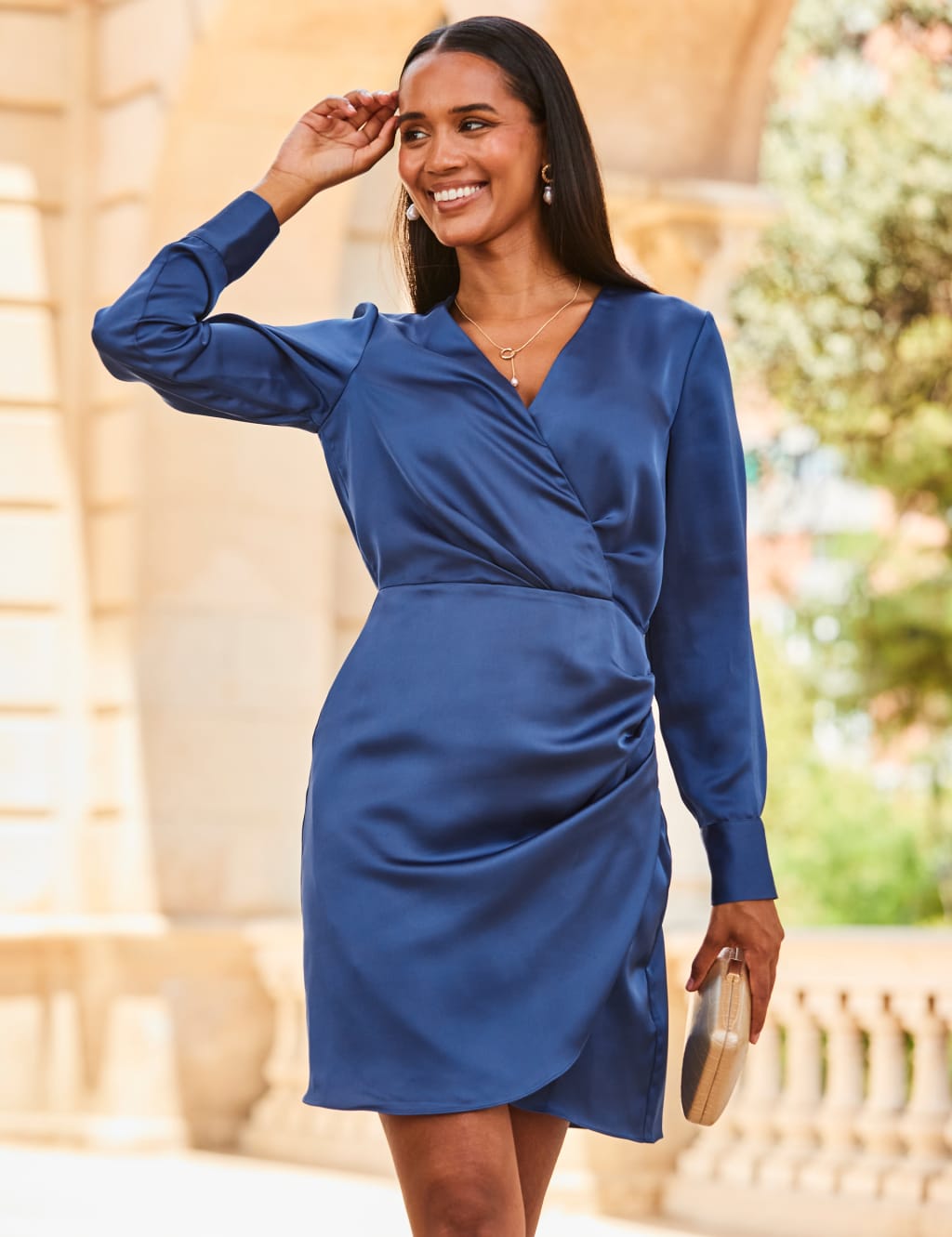 Long sleeve navy wrap hotsell dress