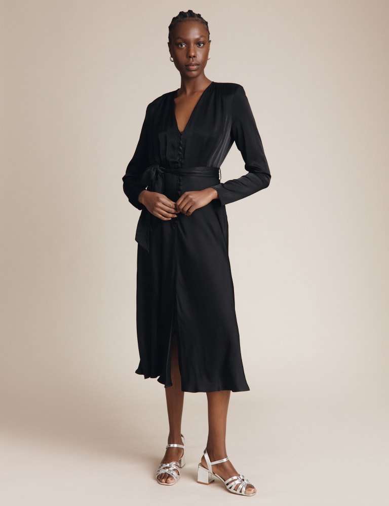 Satin V Neck Tie Waist Midi Waisted Dress Ghost M S