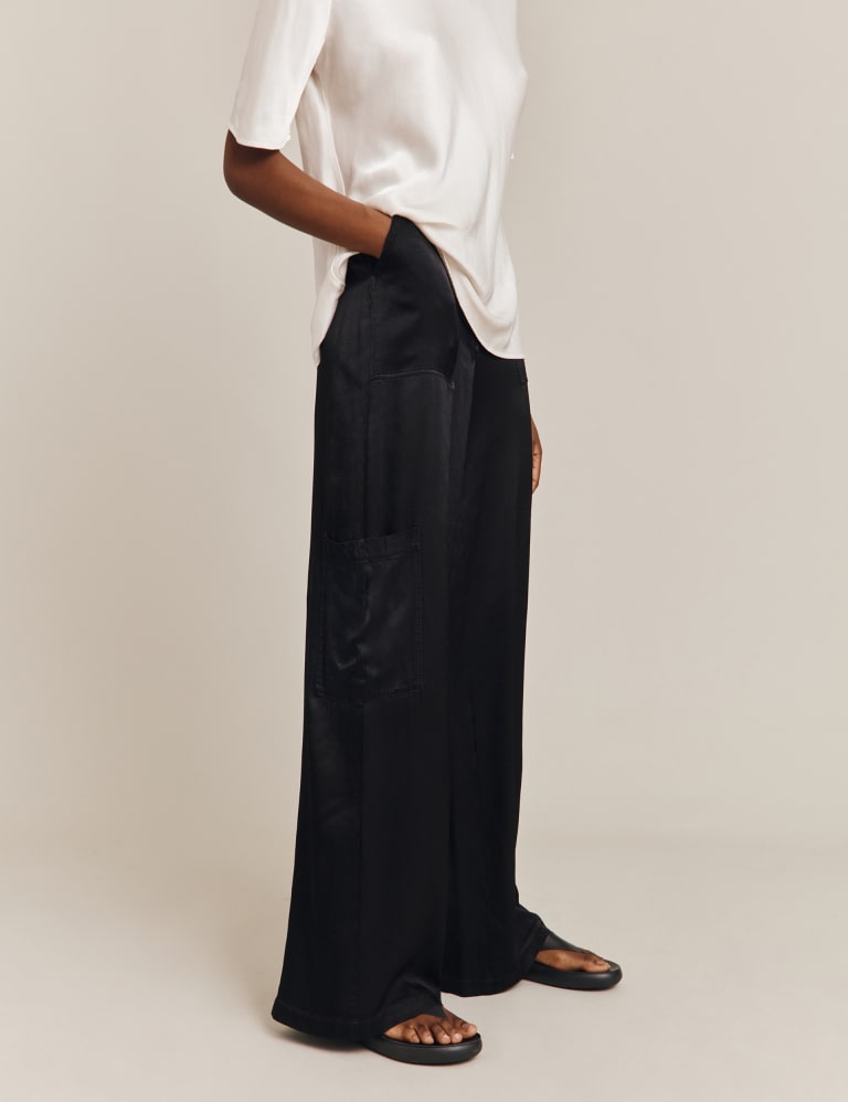 Black satin wide leg trousers on sale